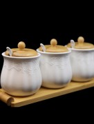 Bocaux à épices en Porcelaine avec plateau bambou AL-7855 Almina