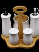 Pot à épices-sel et poivre huile et vinaigre ensemble porcelaine et bambou AL-7879 Almina