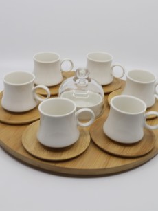 Tasse à café 6 pièces avec plateau rond tournant bambou et sucrier 