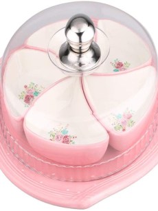 Ensemble de petit-déjeuner Plateau avec 5 bols. Couvercle en porcelaine blanche et rose