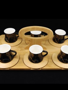 Ensemble de café 6 pièces Almina avec plateau bambou marbré - noir