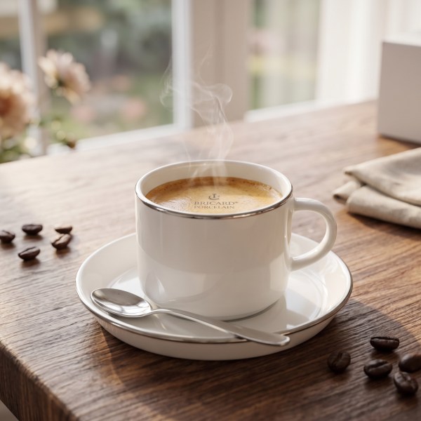 Service de 6 Tasses Bricard Porcelain avec Liseré Argenté - Blanc Classique