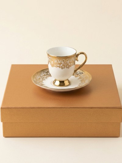 Service de Tasses à Café Turc en Porcelaine Dorée Paçi - 6 Personnes