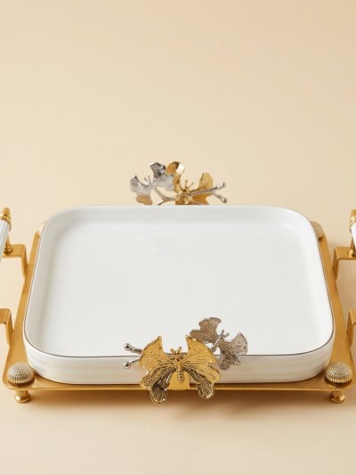 Plateau de Service en Porcelaine avec Support Doré et Motifs Papillons