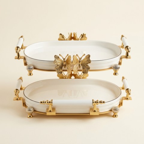 Plat de Service Double Ovale en Porcelaine avec Support Doré