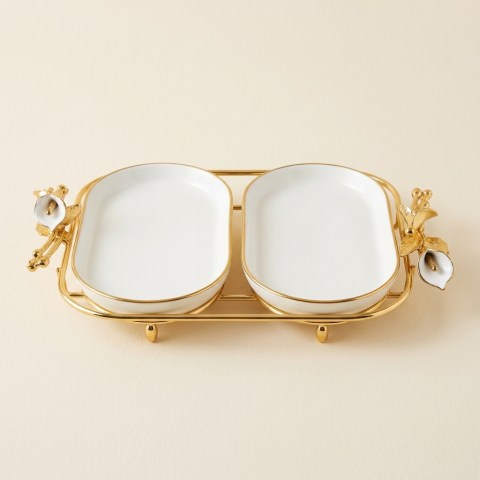 Plat de Service Double Ovale en Porcelaine avec Support Doré