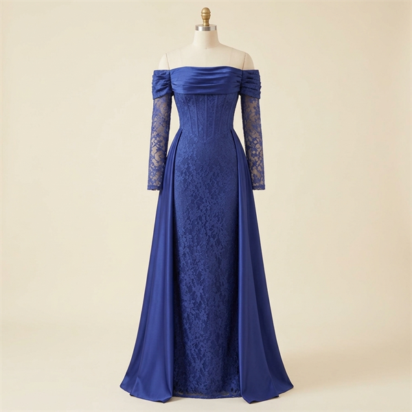 Robe de soirée longue bleu roi à épaules dénudées et dentelle