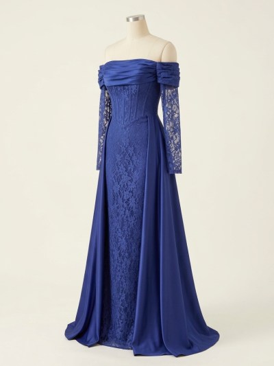 Robe de soirée longue bleu roi à épaules dénudées et dentelle