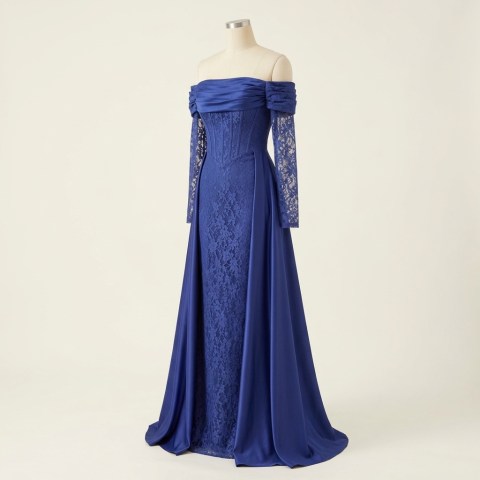 Robe de soirée longue bleu roi à épaules dénudées et dentelle