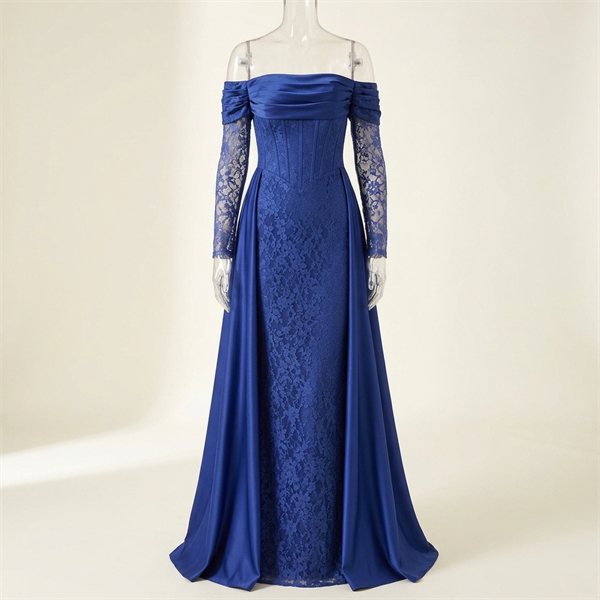 Robe de soirée longue bleu roi à épaules dénudées et dentelle