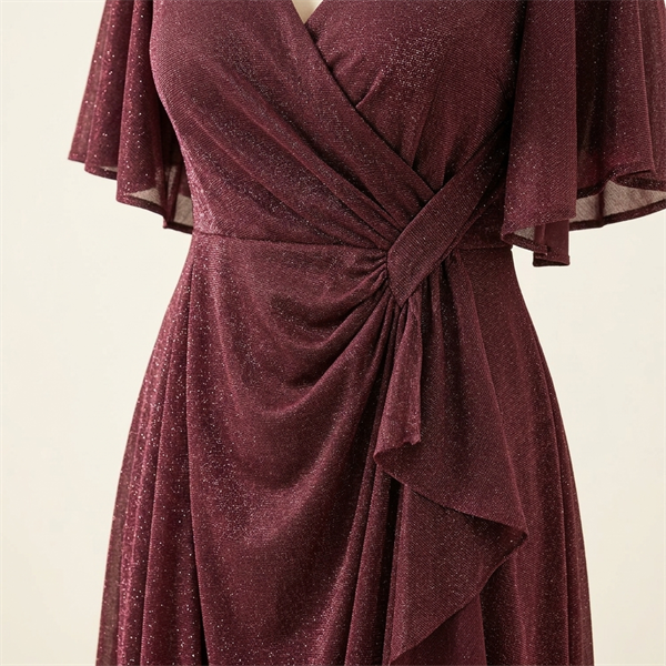 Robe de Soirée Longue Scintillante Drapée à Manches Papillon - Bordeaux