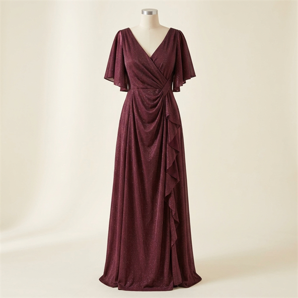 Robe de Soirée Longue Scintillante Drapée à Manches Papillon - Bordeaux