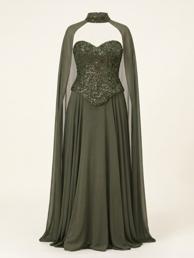 Robe de Soirée Longue Vert Kaki avec Corset à Paillettes et Cape