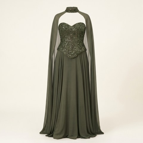 Robe de Soirée Longue Vert Kaki avec Corset à Paillettes et Cape
