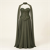 Robe de Soirée Longue Vert Kaki avec Corset à Paillettes et Cape