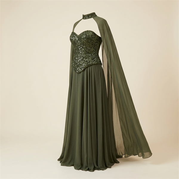 Robe de Soirée Longue Vert Kaki avec Corset à Paillettes et Cape