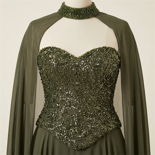 Robe de Soirée Longue Vert Kaki avec Corset à Paillettes et Cape