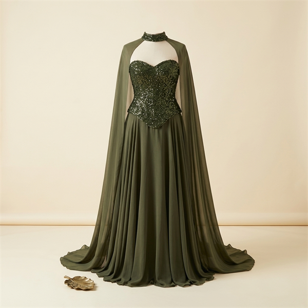 Robe de Soirée Longue Vert Kaki avec Corset à Paillettes et Cape