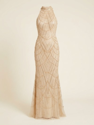 Robe de Soirée Longue Brodée de Perles et Sequins - Champagne