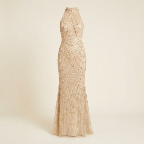 Robe de Soirée Longue Brodée de Perles et Sequins - Champagne