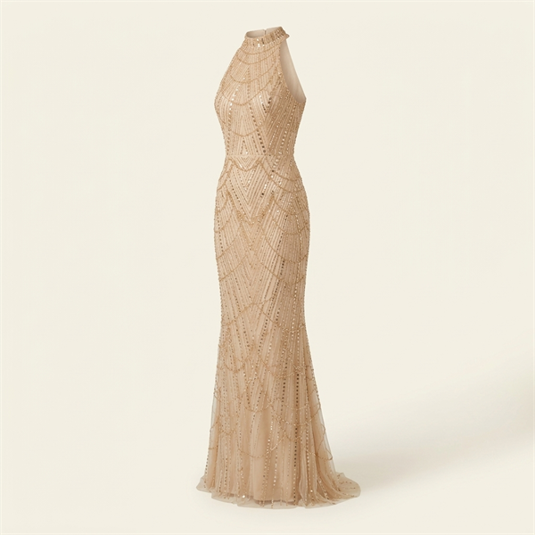 Robe de Soirée Longue Brodée de Perles et Sequins - Champagne