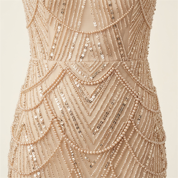 Robe de Soirée Longue Brodée de Perles et Sequins - Champagne