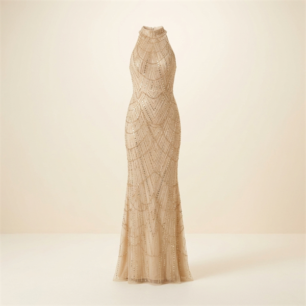 Robe de Soirée Longue Brodée de Perles et Sequins - Champagne