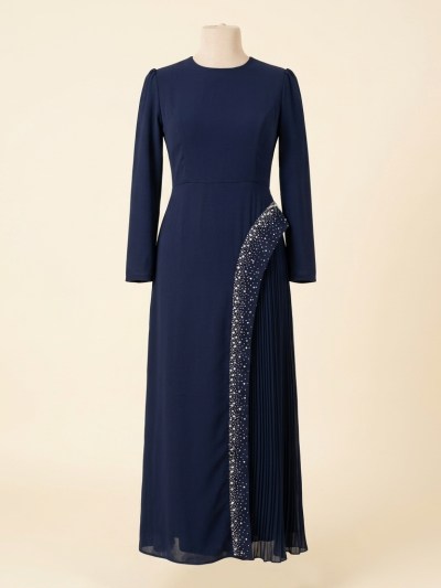 Robe de Soirée Longue Bleu Marine Plissée avec Détails Perlés
