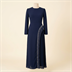 Robe de Soirée Longue Bleu Marine Plissée avec Détails Perlés