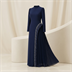 Robe de Soirée Longue Bleu Marine Plissée avec Détails Perlés