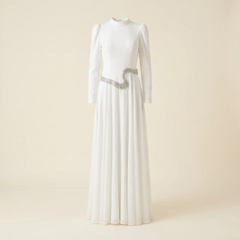 Robe de Soirée Longue Blanche avec Broderie Perlée