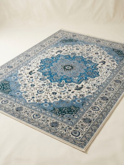 Tapis de Salon Classique à Motifs Orientaux Bleu et Crème