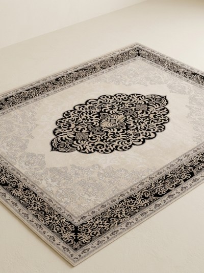 Tapis de Salon Classique à Motif Médaillon Oriental - Beige et Noir