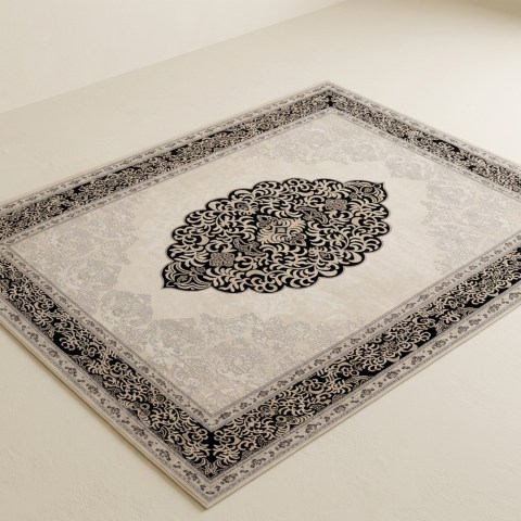 Tapis de Salon Classique à Motif Médaillon Oriental - Beige et Noir