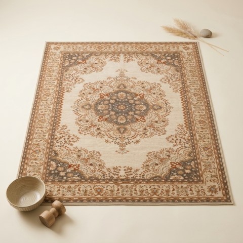 Tapis de Salon Classique à Médaillon Oriental - Beige et Terracotta
