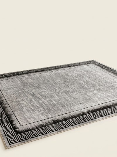Tapis de Salon Moderne à Motif Grec Méandre - Gris et Noir