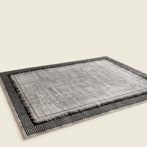 Tapis de Salon Moderne à Motif Grec Méandre - Gris et Noir