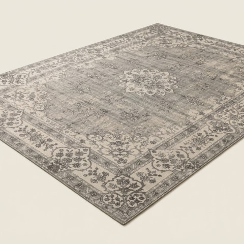 Tapis de Salon Vintage à Motifs Orientaux Gris et Beige
