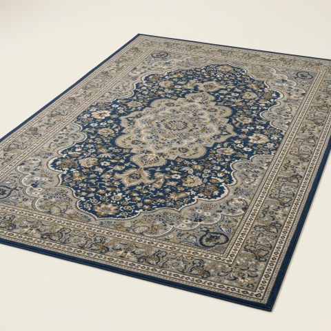 Tapis de Salon Classique Motif Oriental Bleu et Beige