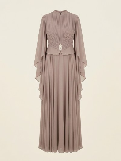 Robe de Soirée Longue Plissée avec Cape et Broche - Beige 