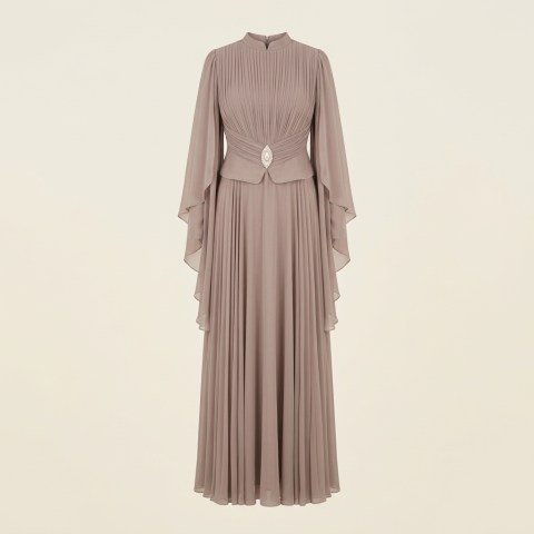 Robe de Soirée Longue Plissée avec Cape et Broche - Beige 