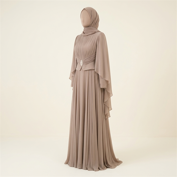 Robe de Soirée Longue Plissée avec Cape et Broche - Beige 
