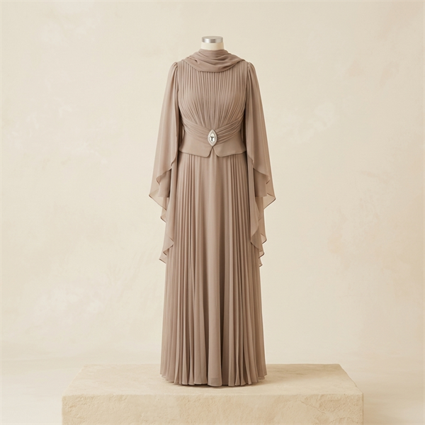 Robe de Soirée Longue Plissée avec Cape et Broche - Beige 