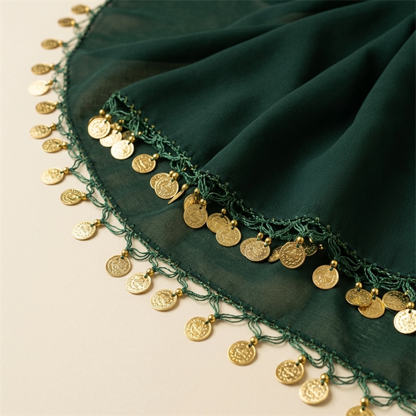 Foulard Traditionnel de Henné et Danse Vert à Piécettes Dorées