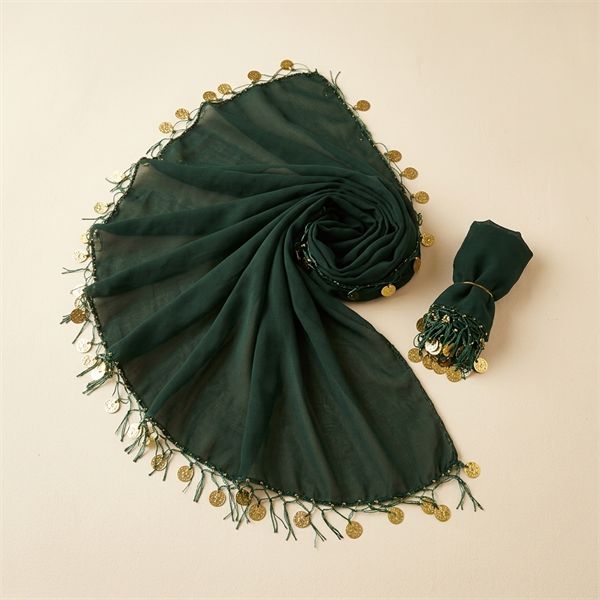 Foulard Traditionnel de Henné et Danse Vert à Piécettes Dorées