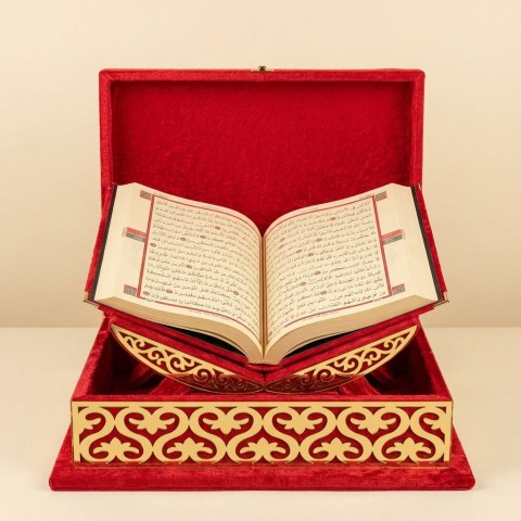 Coffret Boîte à Coran en Velours Rouge avec Pupitre de Lecture
