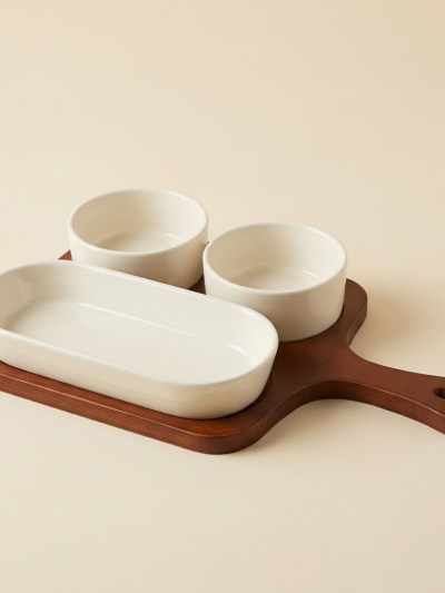 Bavary Sora - Plateau de Service Apéritif en Bois avec 3 Coupelles en Céramique
