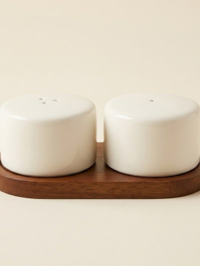Ensemble Salière et Poivrière en Porcelaine avec Socle en Bois Bavary Sora