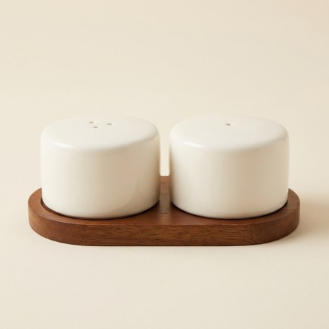 Ensemble Salière et Poivrière en Porcelaine avec Socle en Bois Bavary Sora