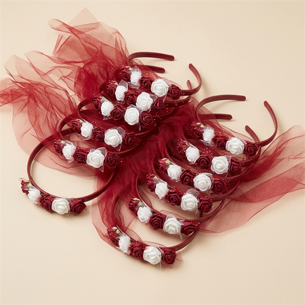 Accessoires de cheveux avec fleur et tulle ( lot de 12 pièces )  bordeaux/blanc